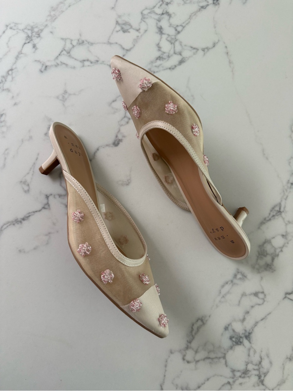 A New Day Delilah Embellished Floral Mule Heels - Beige - Size 8.5